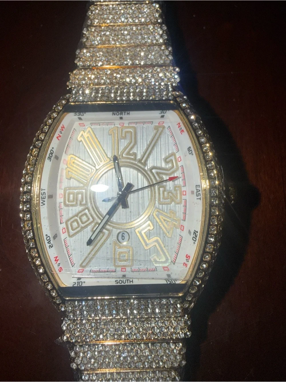 Crystal-Embellished Gold Tone Men's Watch with White Dial